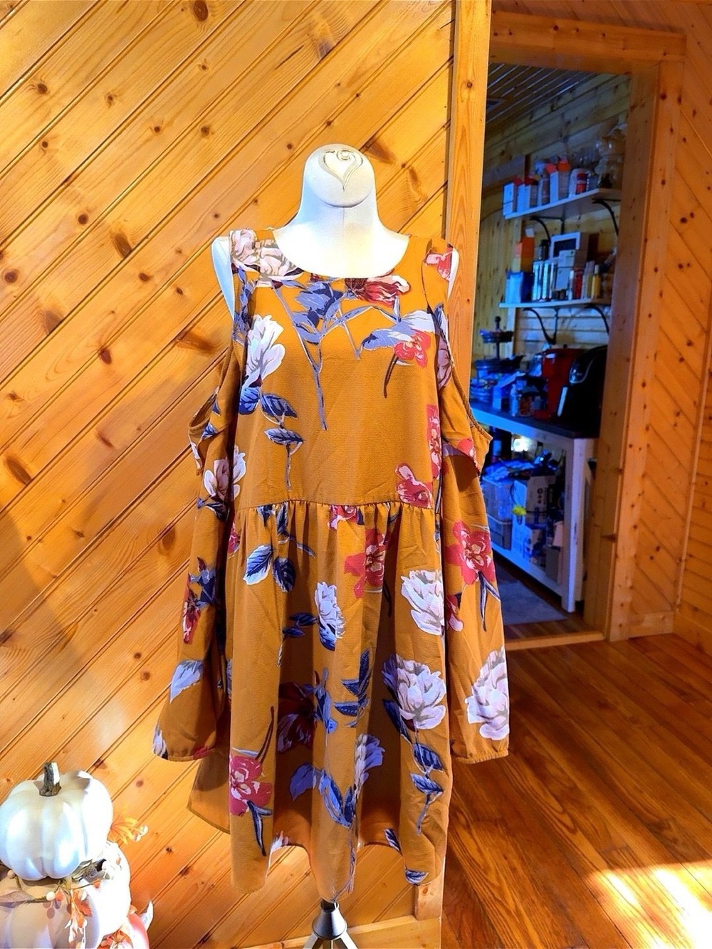 JODIFL Mustard Floral Cold Shoulder Babydoll Dress – Medium